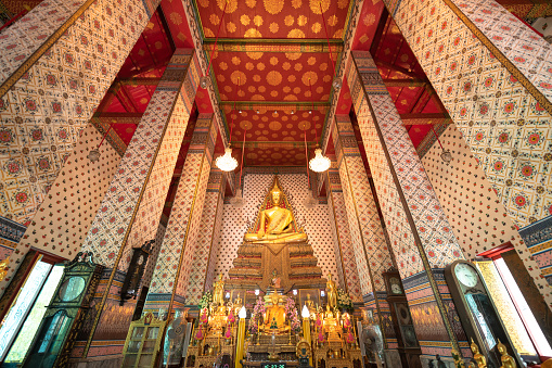 Bangkok,Thailand - April 09 2019 ; Beautiful Buddha statue and interior inside of  famsus Landmark of bangkok Temple of Wat Arun in Bangkok Thailand