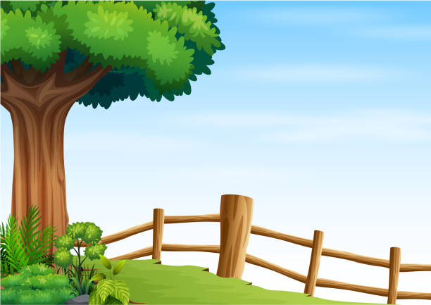 ilustrações de stock, clip art, desenhos animados e ícones de illustration of a big tree inside a fence - 12026