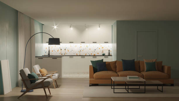 istock Modern bedroom interior with blue walls and a yellow sofa. Neo Memphis style interior. Night. Evening lighting. 3D rendering. 1224734888