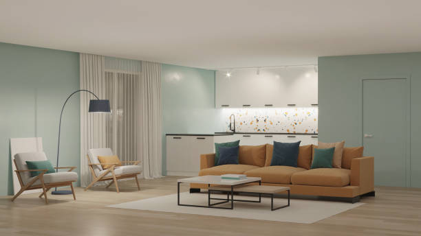 istock Modern bedroom interior with blue walls and a yellow sofa. Neo Memphis style interior. Night. Evening lighting. 3D rendering. 1224734908