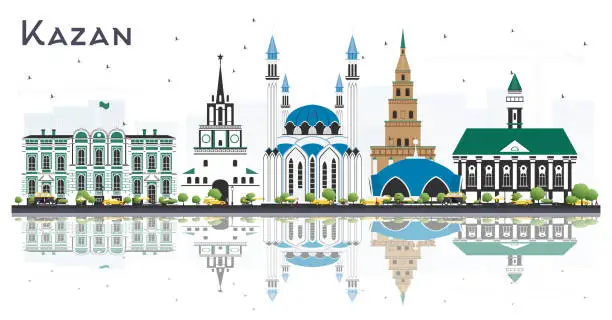 Vector illustration of Kazan Russia City Skyline with Color Buildings and Reflections Isolated on White.