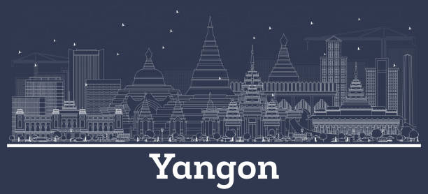 ilustraciones, imágenes clip art, dibujos animados e iconos de stock de delinea el horizonte de la ciudad de yangon myanmar con edificios blancos. - inverse