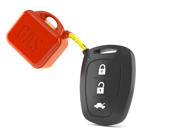 istock Car remote key with gasoline can 1224738830