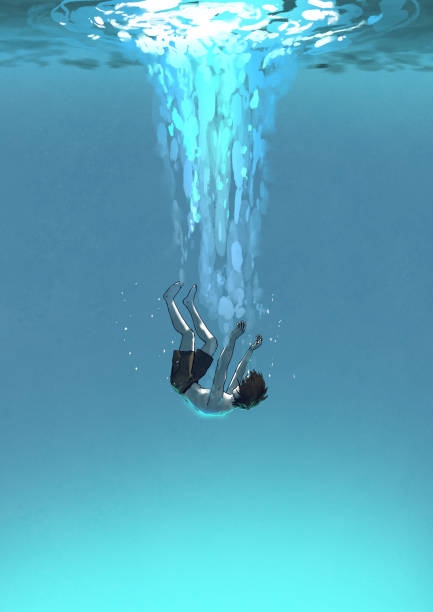 ilustrações, clipart, desenhos animados e ícones de alnoe caindo homem no mar azul - single drop