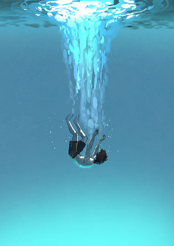 the young man falling underwater, depressed concept, digital art style, illustration painting