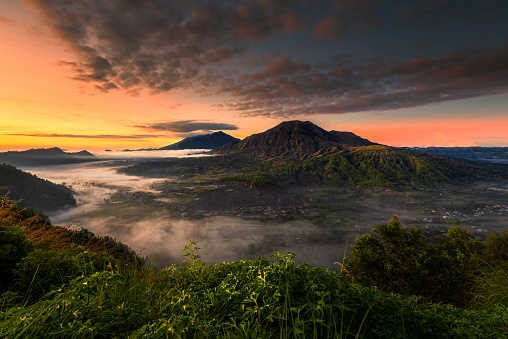 Morning Fog Glory at Pinggan Village Kintamani Bali. Mount Batur, Mount ABANG and Mount AGUNG