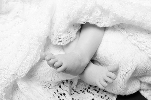 detail close up photograph of a newborn baby's feet and white blanket