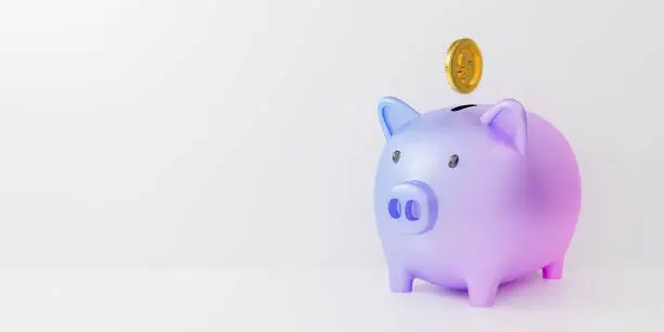 Photo of 3d pastel piggy bank isolated on white background abstract with gold coins falling. 3d render for investment banking financial. Save money business finance. Purple pig money box icon. minimal design.