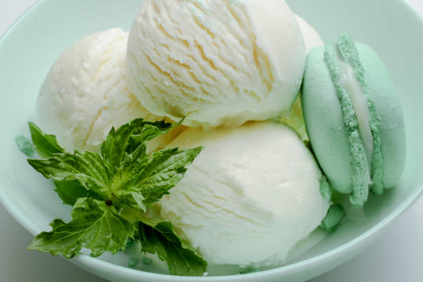 bolas de helado fresco con una ramita de menta y macarión de menta. - lemon ice cream fotografías e imágenes de stock