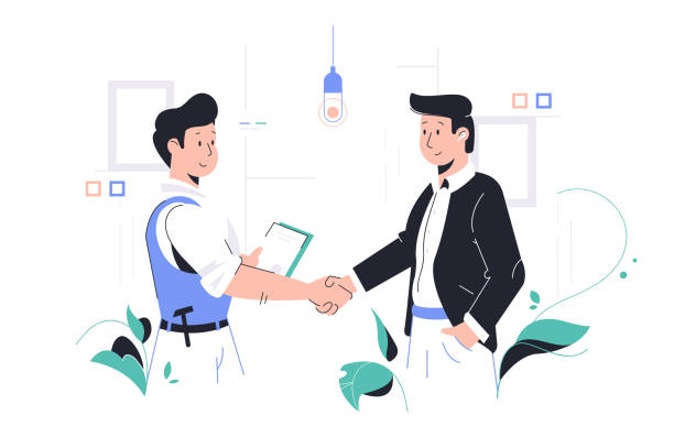 Men shaking hands Men shaking hands vector illustration. Client and repairman handshaking. Male persons discussing order details and making deal flat style design. Isolated on white building contractor illustrations stock illustrations