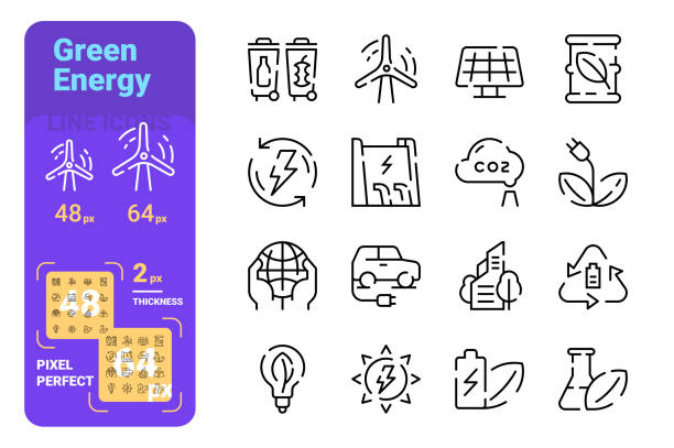 ilustrações de stock, clip art, desenhos animados e ícones de green energy line icons set - drop solar panel symbol leaf