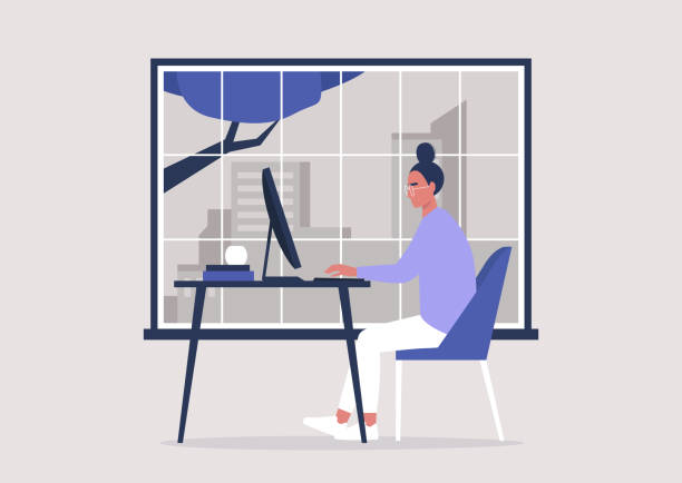 illustrazioni stock, clip art, cartoni animati e icone di tendenza di giovane personaggio femminile che lavora in ufficio, vista sul paesaggio urbano della finestra, millennial al lavoro - side window