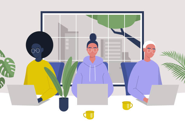 A diverse group of characters working together in the office, millennials at work A diverse group of characters working together in the office, millennials at work computer programmer illustrations stock illustrations