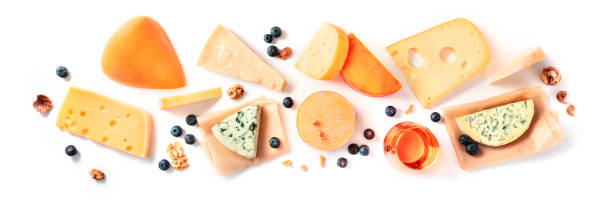 Cheese and wine panorama, tasting and pairing, a flat lay on a white background with a place for text. Various cheeses, shot from above