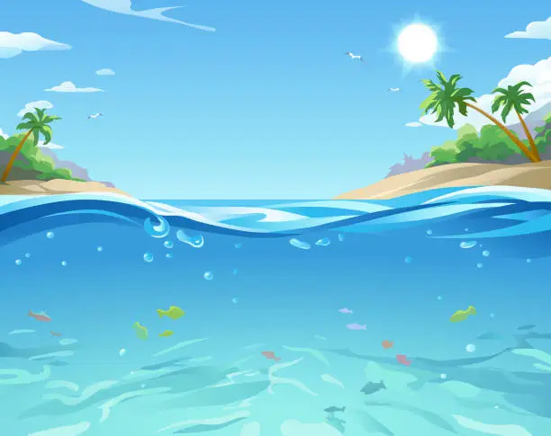 Vector illustration of Tropical Island Under And Above Water Surface