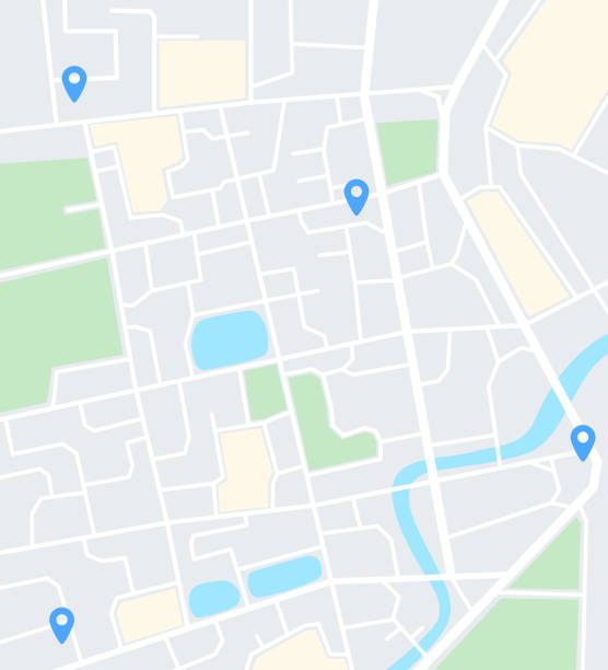 ilustraciones, imágenes clip art, dibujos animados e iconos de stock de mapa de ciudad abstracto con pines. plantilla de pantalla de la aplicación de navegación - mapa de la ciudad