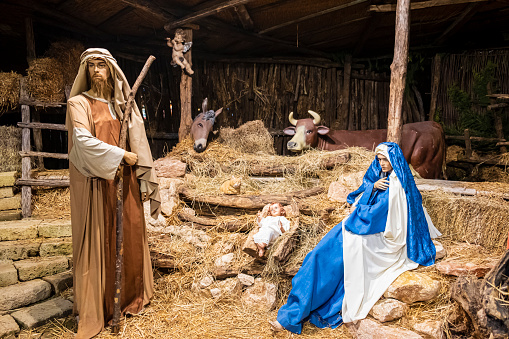 Church of the Resurrection: Solon, Ohio USA\nCatholic - Christmas nativity scene/display with baby Jesus in manger, shepherds, animals, Joseph & Mary.