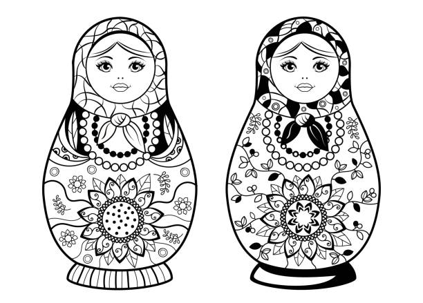 illustrations, cliparts, dessins animés et icônes de poupée matryoshka. poupée de nidification pour livre de coloriage. dessin noir sur le fond blanc - russian nesting doll doll russian culture nobody