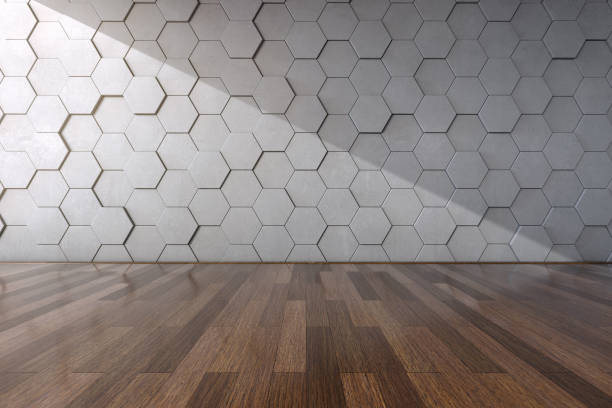 istock 3D rendering of hexagon concrete wall in modern interior with wooden floor, interior architecture with minimal concept 1224757875