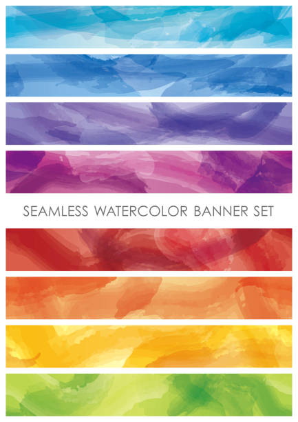 ilustrações, clipart, desenhos animados e ícones de conjunto de banners de pincel aquarela de aquarela sem emenda isolados em um fundo branco. - paint stroke frame blue