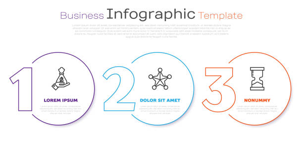 ustaw linię ręka trzyma torbę z pieniędzmi, szeryf hexagram i stara klepsydra. szablon infografiki biznesowej. wektor - just sand stock illustrations