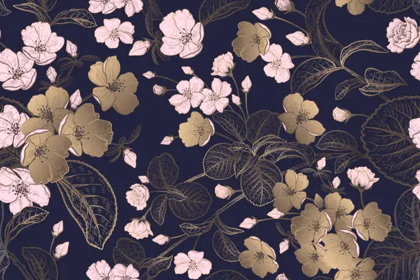 Vector illustration of Floral vintage seamless pattern with Japanese cherry. Pink, gold and navy blue color.