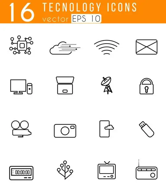 Vector illustration of Technology 16 icons set with White Background