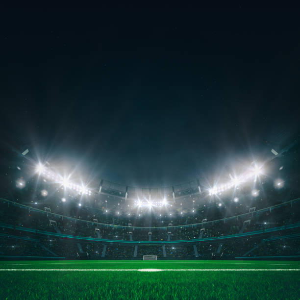 草原での夜の試合を期待する観客でいっぱいの壮大なサッカースタジアム。 - soccer field flash ストックフォトと画像