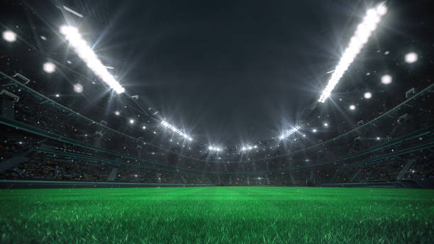 Spectacular football stadium full of spectators expecting an evening match on the grass field. View from the player level. Sport category 3D illustration. soccer stock pictures, royalty-free photos & images