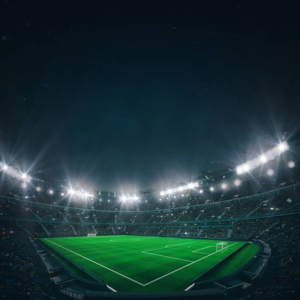 Magnificent football stadium full of spectators expecting an evening match on the grass field. View from the level of the viewer. Sport category 3D illustration. stadium advertising stock pictures, royalty-free photos & images