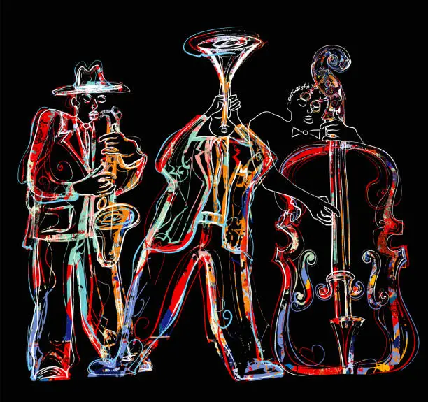 Vector illustration of Jazz band with saxophone, trumpet and double-bass