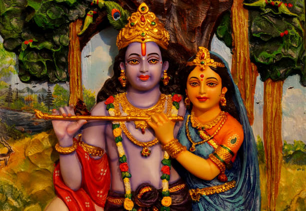 Close-up of wall art of Hindu Godd and Goddess Krishna and Radha stock photo