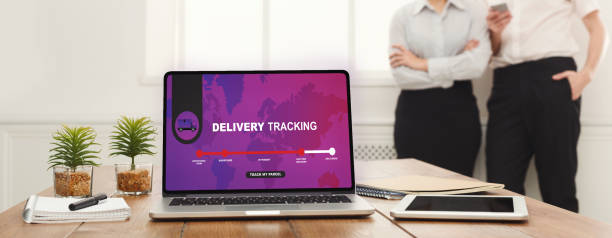 istock Logistic digital shopping advert concept, workers on background 1224768682