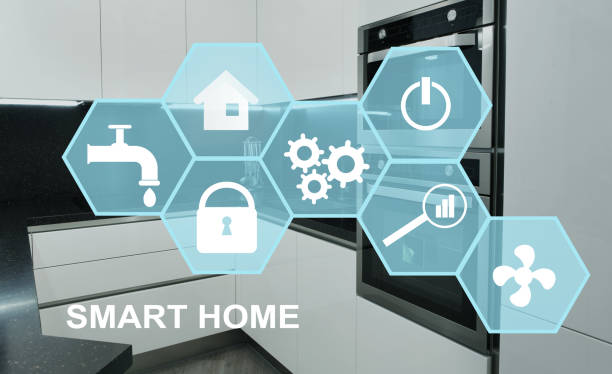 istock Collage with smart home control icons of appliances and devices on virtual screen, double exposure of kitchen interior 1224769339