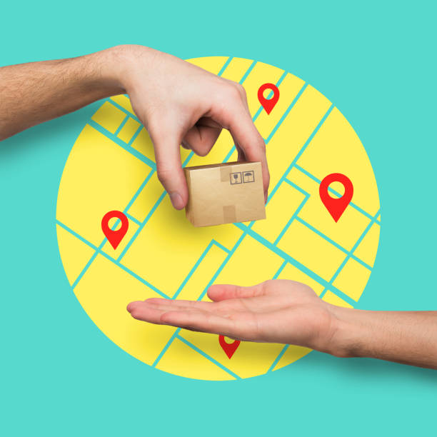 istock Express delivery. Collage with courier providing tiny parcel to buyer against city map, closeup of hands 1224769693
