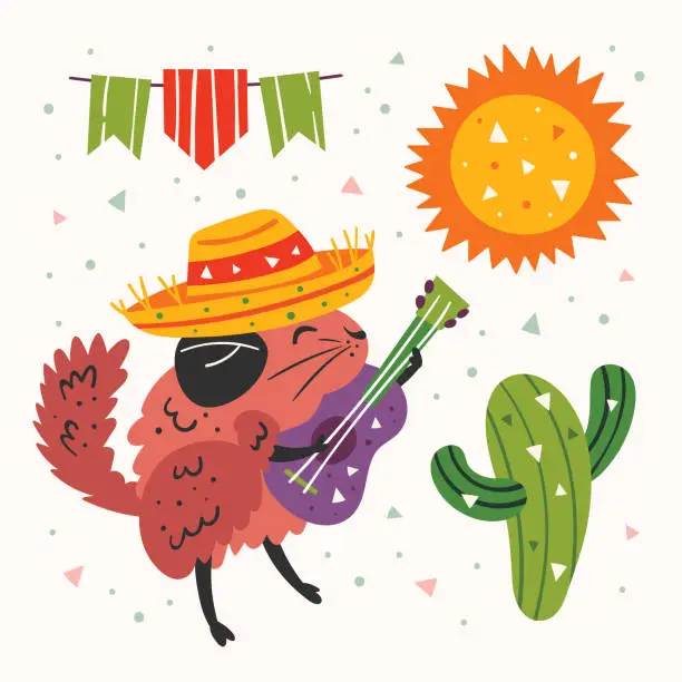 Vector illustration of Mexico clip art. Little cute chinchilla in sombrero with a guitar, cactus, sun and flags. Mexican party. Latin America holiday. Flat colourful vector illustration, set, sticker isolated on background.