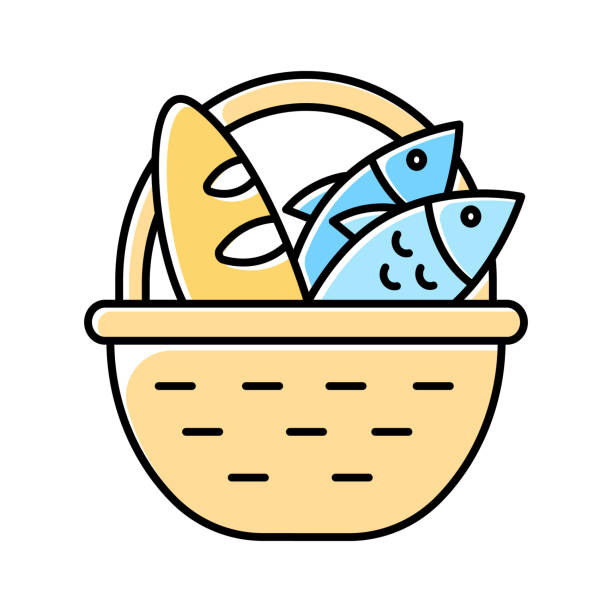 Bread and fish in basket yellow color icon. Feeding the multitude. Holy week. Miracle of Christ. Blessing food from Bible. New Testament. Bible narrative. Gospel story. Isolated vector illustration Bread and fish in basket yellow color icon. Feeding the multitude. Holy week. Miracle of Christ. Blessing food from Bible. New Testament. Bible narrative. Gospel story. Isolated vector illustration christian fish clip art stock illustrations