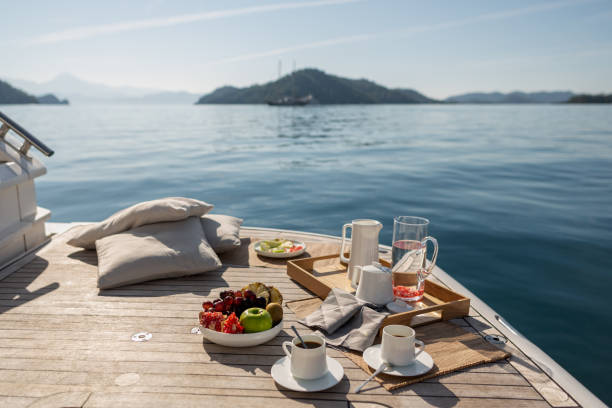 Breakfast on Motor Yacht Breakfast on Motor Yacht drinks on the deck stock pictures, royalty-free photos & images