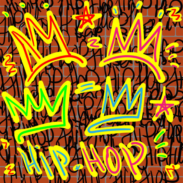 レンガの壁の背景に落書きスタイルのクラウンとヒップホップのレタリング。音楽プリント。ユース ベクターのイラストレーション。 - 1980s style hip hop rap 1990s style点のイラスト素材／クリップアート素材／マンガ素材／アイコン素材