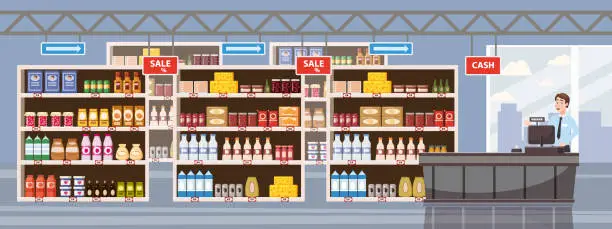 Vector illustration of Big Shop Super Market Shopping Mall Interior store inside shelves with dairy products cashier cash desk. Cartoon Flat Vector Illustration