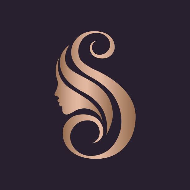 Beauty salon typographic icon.Letter S and beautiful woman portrait.Decorative rose gold icon. Lettering sign and female face silhouette. alphabet silhouettes stock illustrations