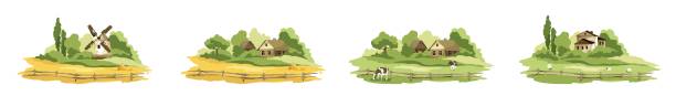 Set of village landscapes. Vector illustration, fields and meadows with cows, lambs, mill and village houses. fiels stock illustrations