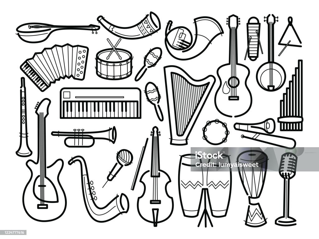 Sound Instruments Drawing Music Instruments Hand Drawn Vector Stock Illustration - Download Image ...