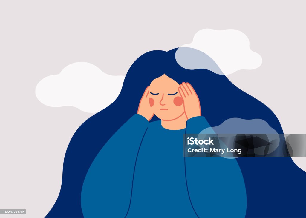 The sad woman touches her temples with her hands and suffers from a headache. The sad woman touches her temples with her hands and suffers from a headache. A depressed girl suffers from temporary memory loss and confusion. Vector illustration Emotional Stress stock vector