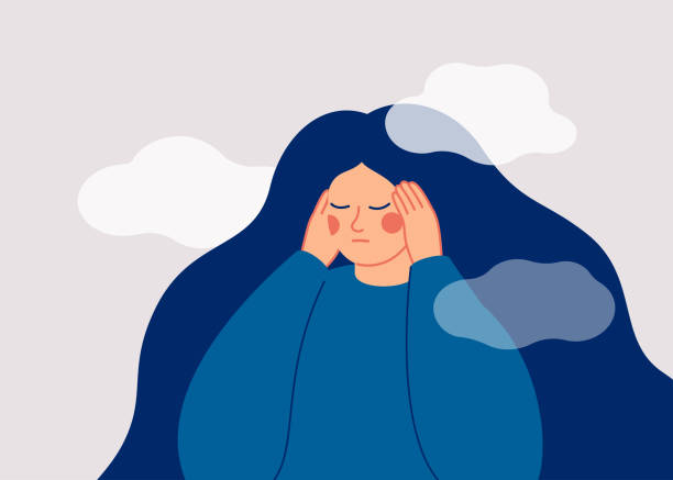 The sad woman touches her temples with her hands and suffers from a headache. The sad woman touches her temples with her hands and suffers from a headache. A depressed girl suffers from temporary memory loss and confusion. Vector illustration sad woman thinking stock illustrations