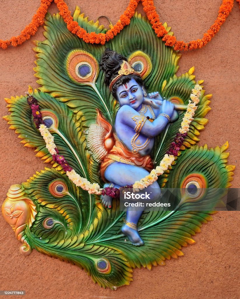 Closeup Of Wall Art Of Indian Hindu God Krishna Playing Bansuri Or ...