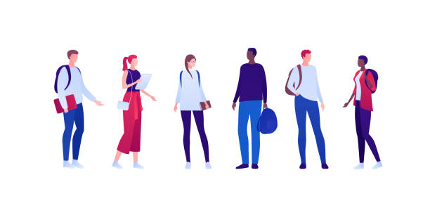 ilustrações de stock, clip art, desenhos animados e ícones de student lifestyle concept. vector flat person illustration set. group of multi-ethnic male and female young adult in casual outfit clothes collection. design for banner, web, infographic. - backpack university learning student