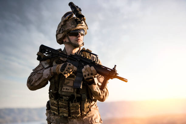 istock Silhouette of Soldier at sunset 1224779433