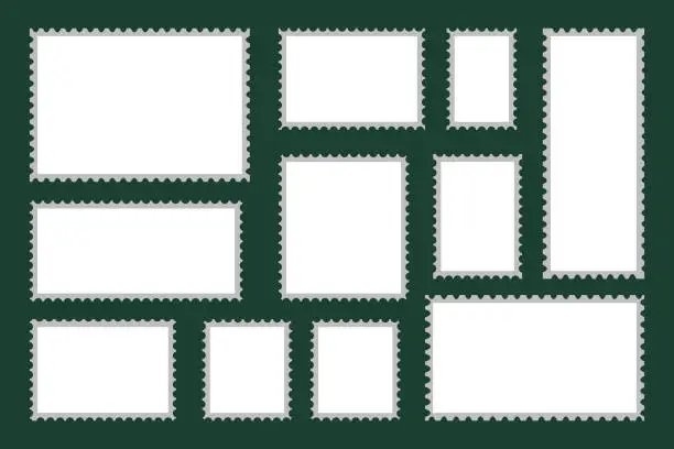 Vector illustration of Original white frames on a black background. White blank photo on a black background. White squares and rectangles on a black background. Vector illustration. Stock Photo.