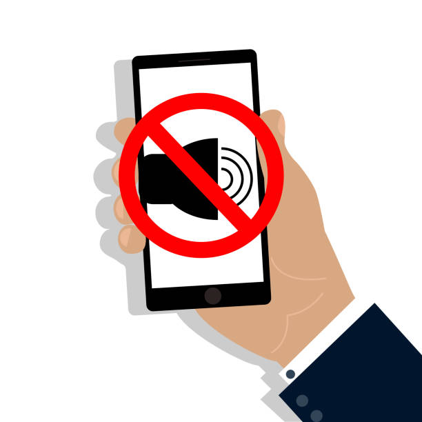 Mobile phone in hand with mute icon. A symbol of peace and quiet, a call to turn off gadgets. Silent phone mode. Vector illustration. Stock Photo. Mobile phone in hand with mute icon. A symbol of peace and quiet, a call to turn off gadgets. Silent phone mode. switching places illustrations stock illustrations
